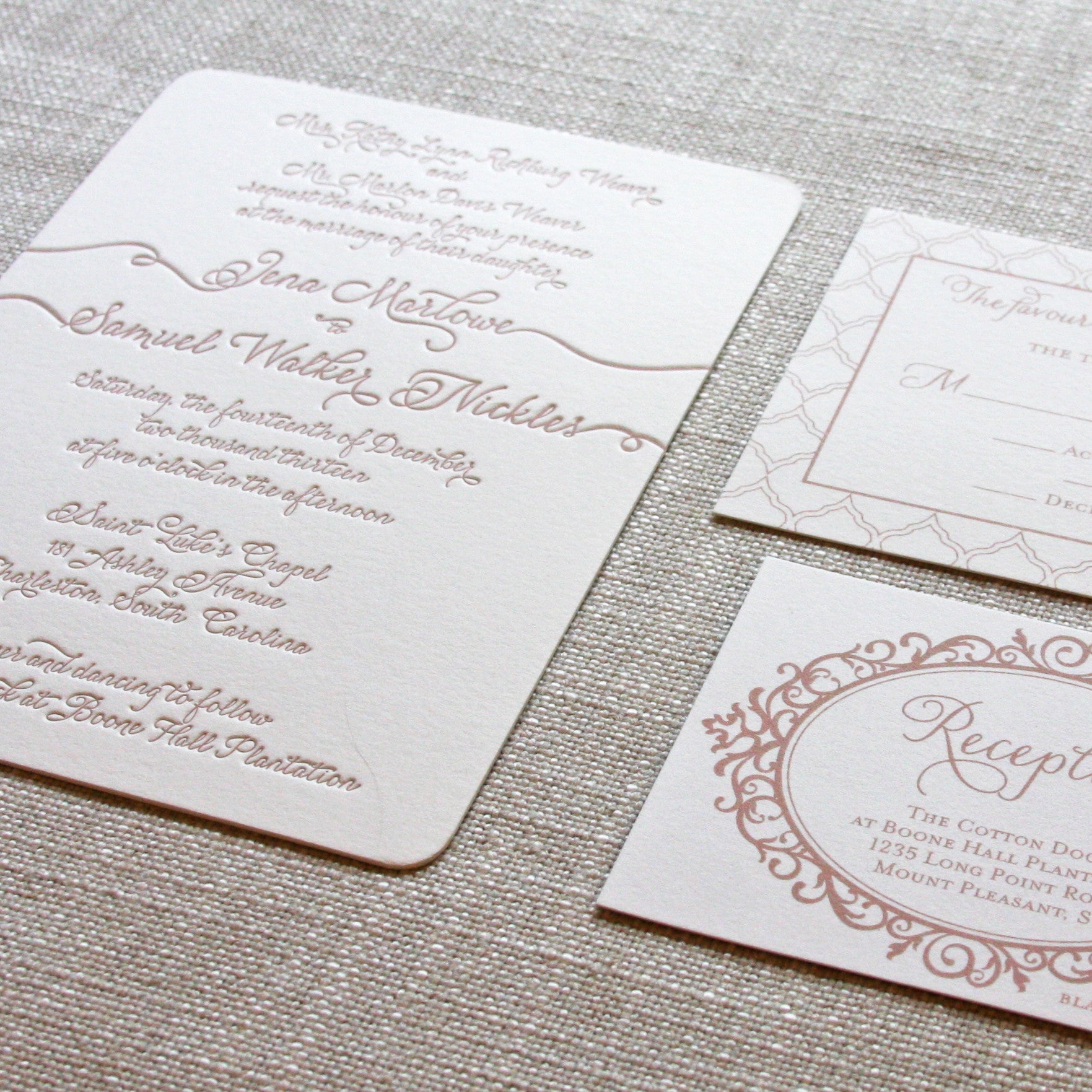 Wedding Invitation with taupe letterpress and names trailing names off the edges.