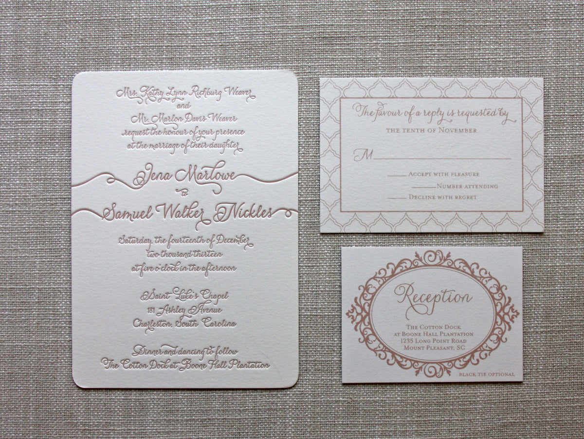 Trailing Names Letterpress Invitation with geometric pattern and ornate frame on the inserts.
