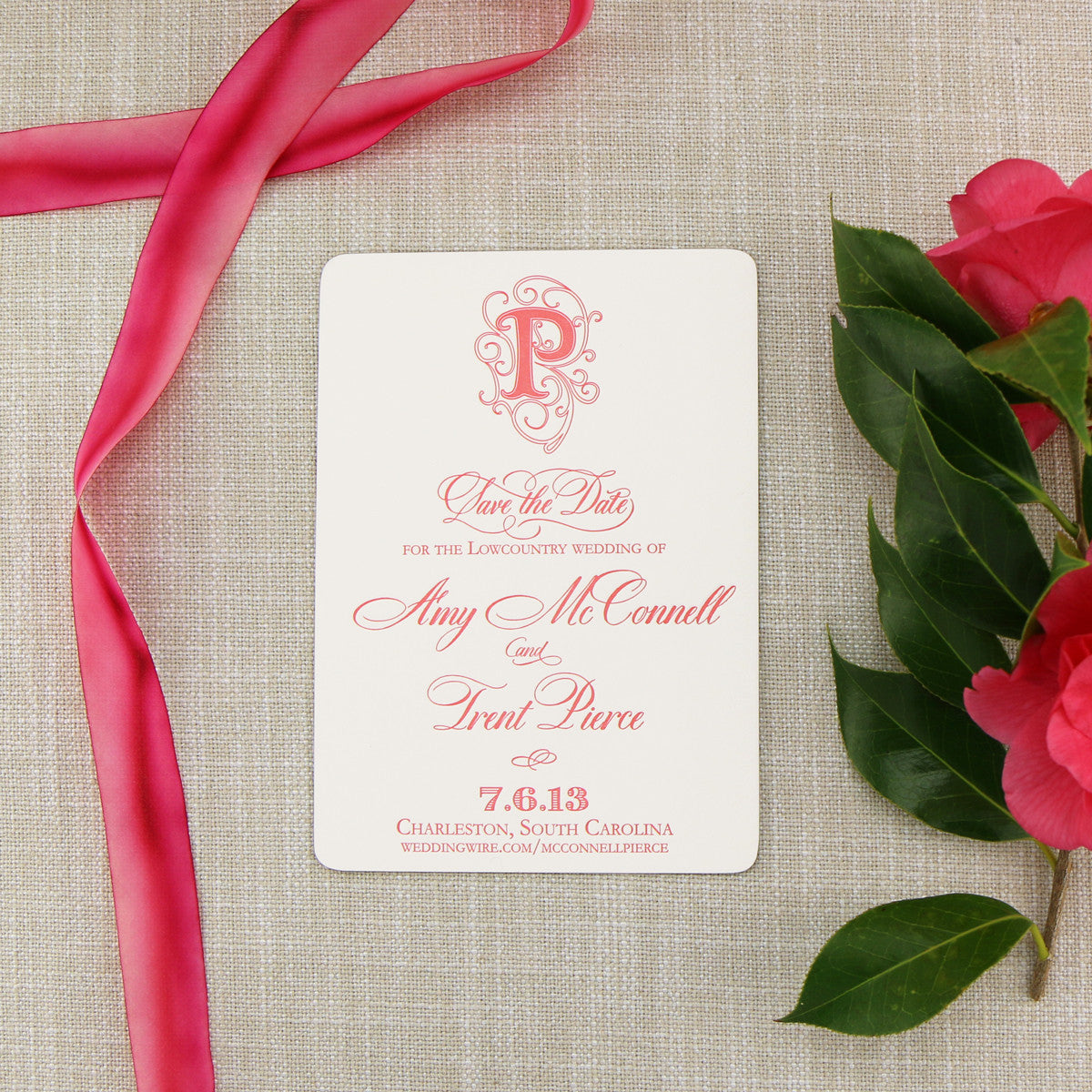 Coral Letterpress on Monogram Flourish Save the Date