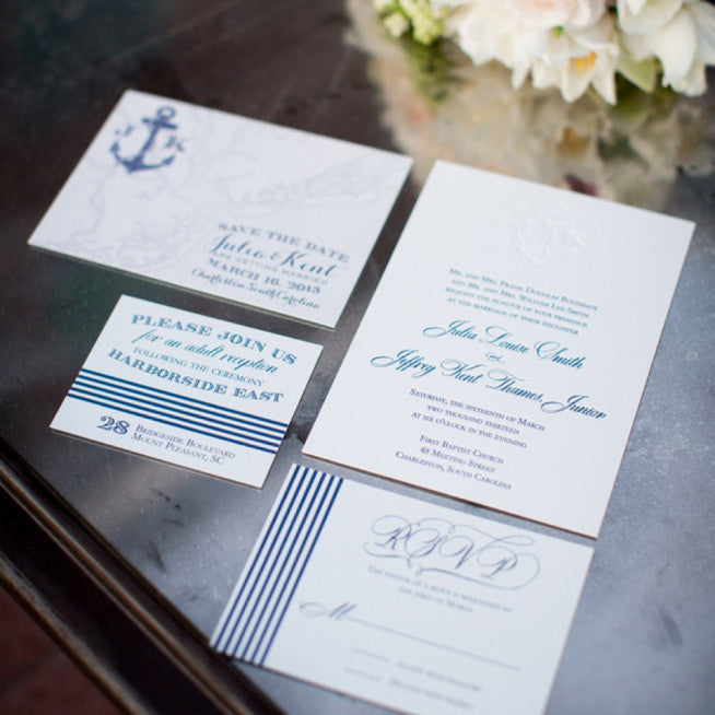 Nautical Letterpress Wedding Invitation. Picture by Alice Keeney Photography.