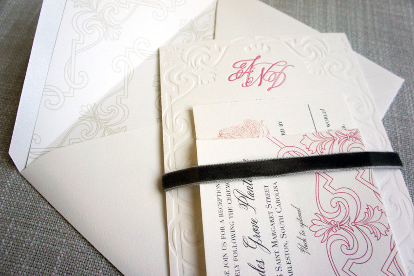 Scroll Letterpress Invitation with coordinating RSVP, details card, and felt ribbon belly band.
