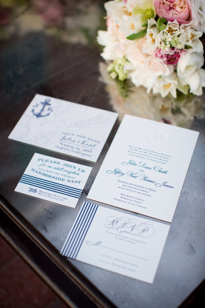 Nautical Letterpress Wedding Invitation. Picture by Alice Keeney Photography.