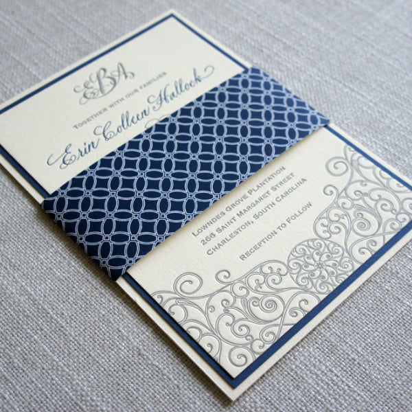 Letterpress Iron Gate Scrollwork Invitation with geometric pattern belly band