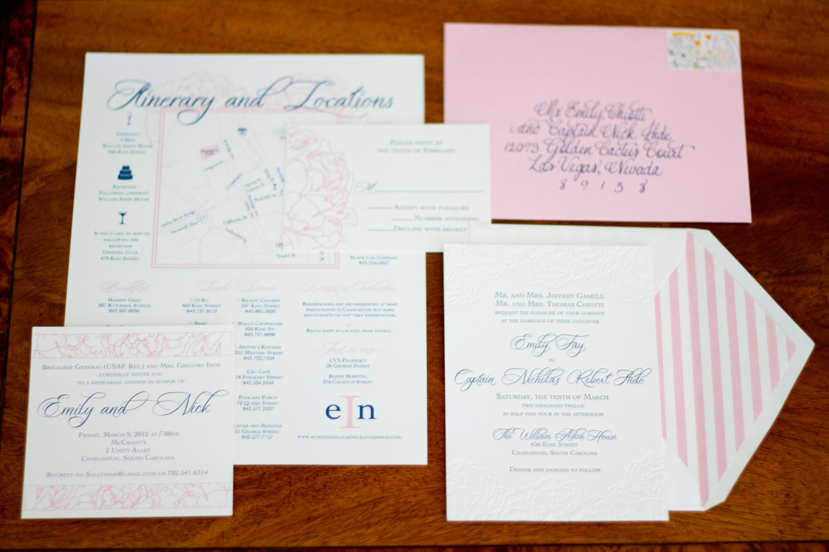 Peony Wedding Invitation with wedding weekend itinerary and envelope calligraphy by Paige Tanenbaum.
