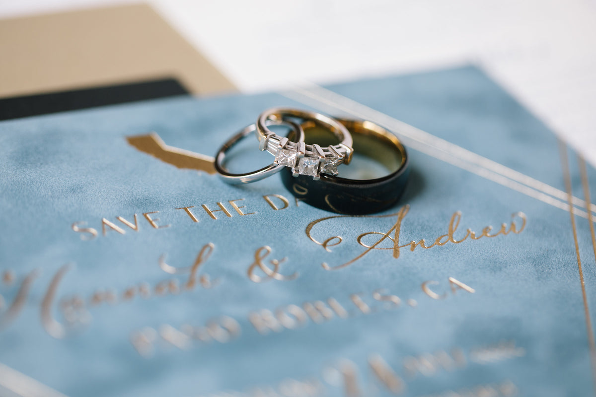 Blue Suede with Foil Printing Save the Date by Scotti Cline Designs   |  Photo by Erin K. Wood Photography