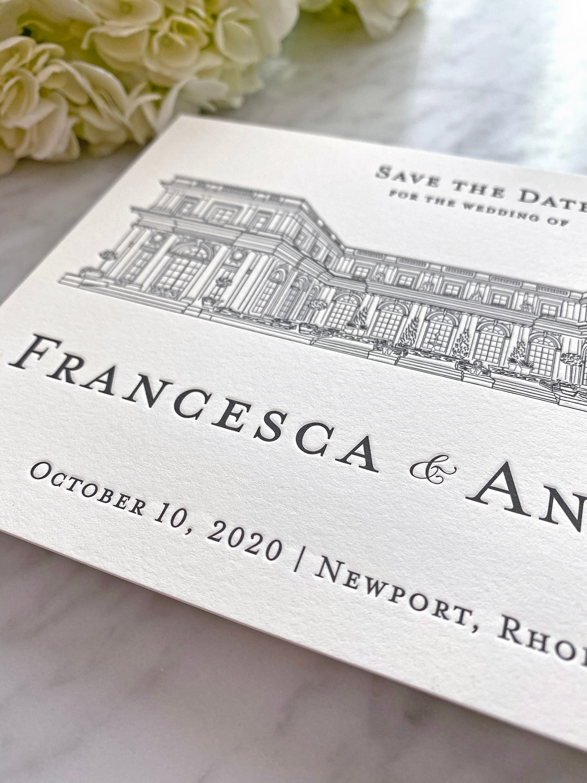 Letterpress Rosecliff Mansion Wedding Venue Save the Date by Scotti Cline Designs - Newport, Rhode Island