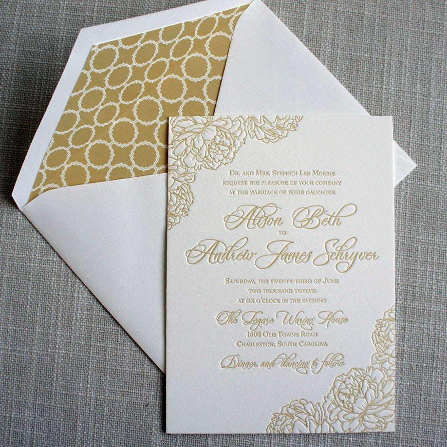 Pattern and Peonies Letterpress Invitation with geometric pattern liner