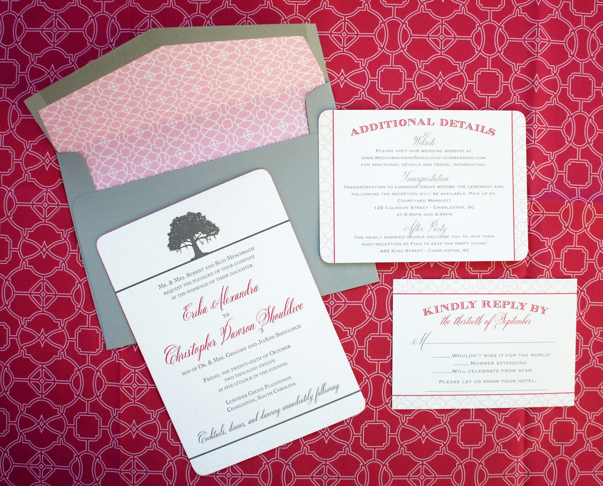 Trellis and Oak Tree Invitation with trellis pattern blush pink envelope liner and coordinating inserts.