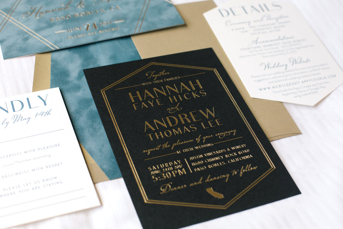 Gold Foil Deco Wedding Invitation by Scotti Cline Designs | Photo by Erin K Wood Photography