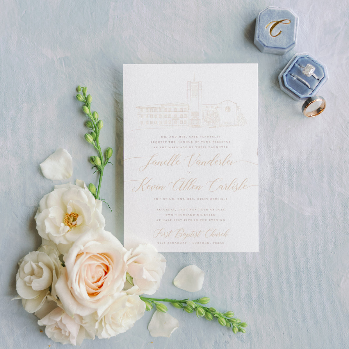 Venue Sketch Wedding Invitation of Eberley Brooks in Lubbock, Texas by Scotti Cline Designs. Photo by May Carlson Photography. 