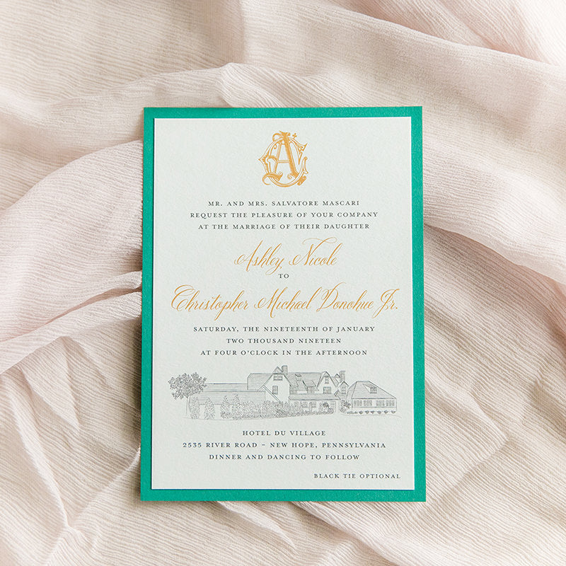 Hotel Du Village Wedding Invitation by Scotti Cline Designs