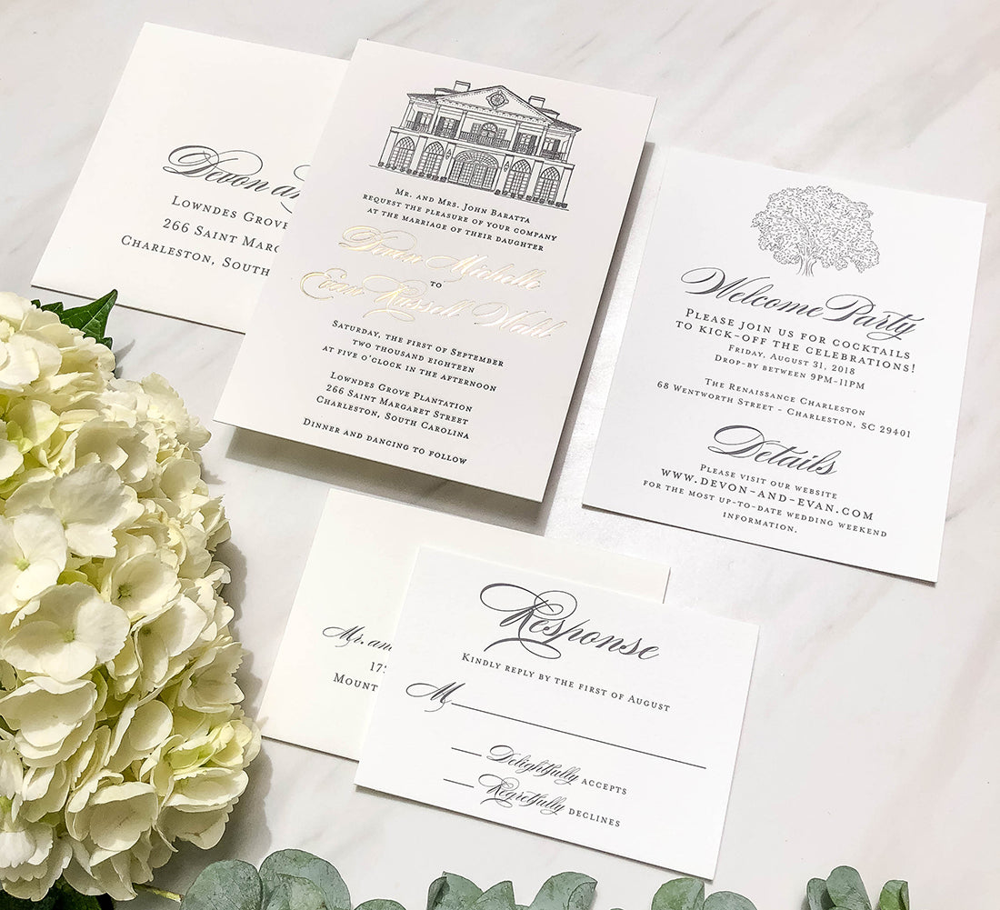 Letterpress Lowndes Grove Wedding Invitation by Scotti Cline Designs