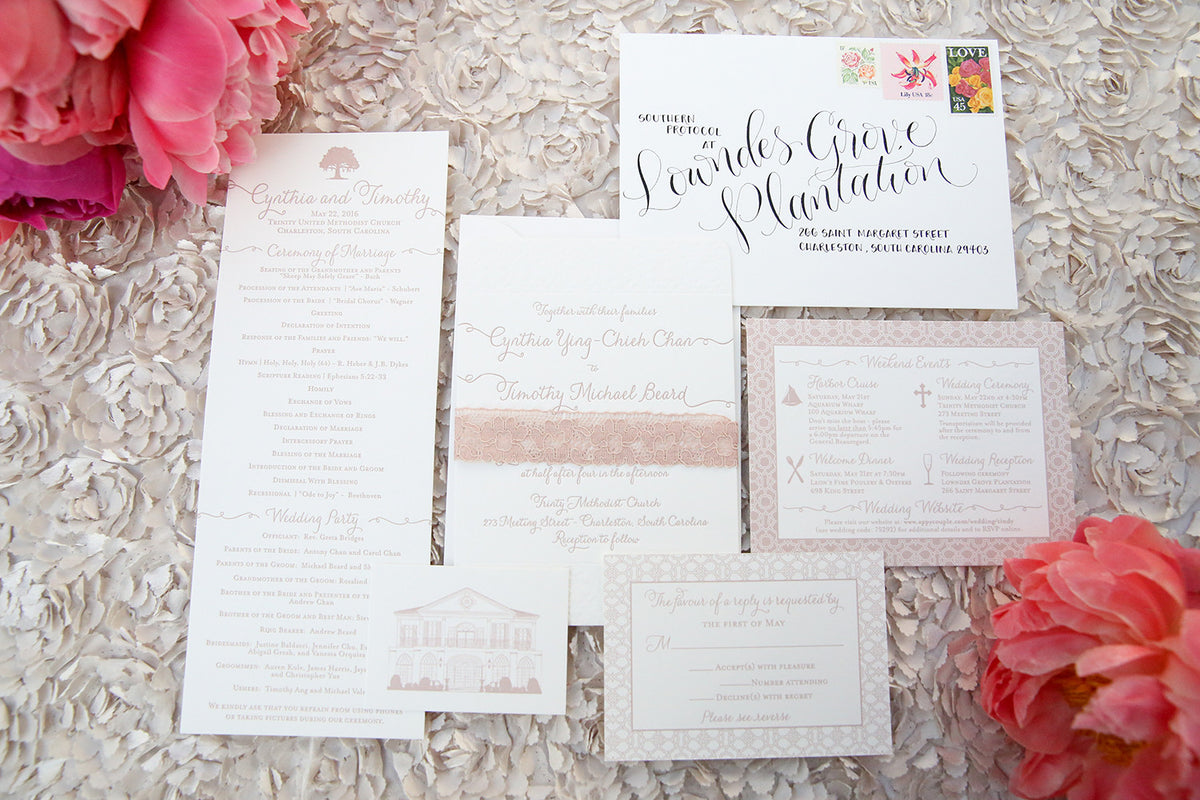 Trailing Names and Pattern Letterpress Invitation by Scotti Cline Designs - photo by Jennifer Bearden Photography
