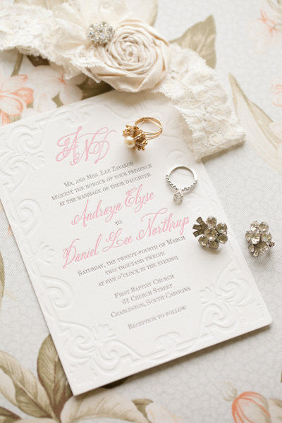 Scroll Letterpress Wedding Invitation. Picture by Gayle Brooker Photography.