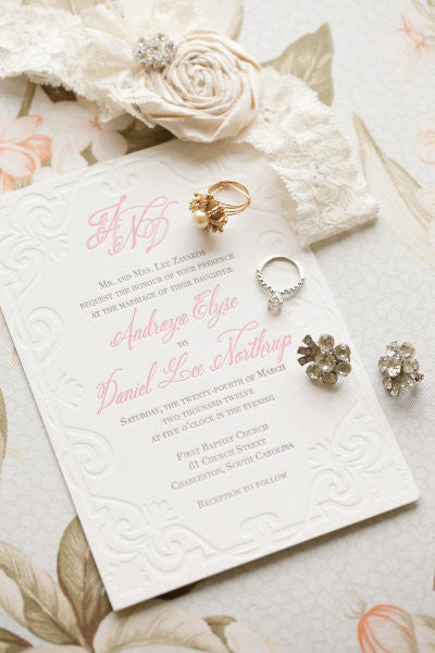 Scroll Letterpress Wedding Invitation. Picture by Gayle Brooker Photography.