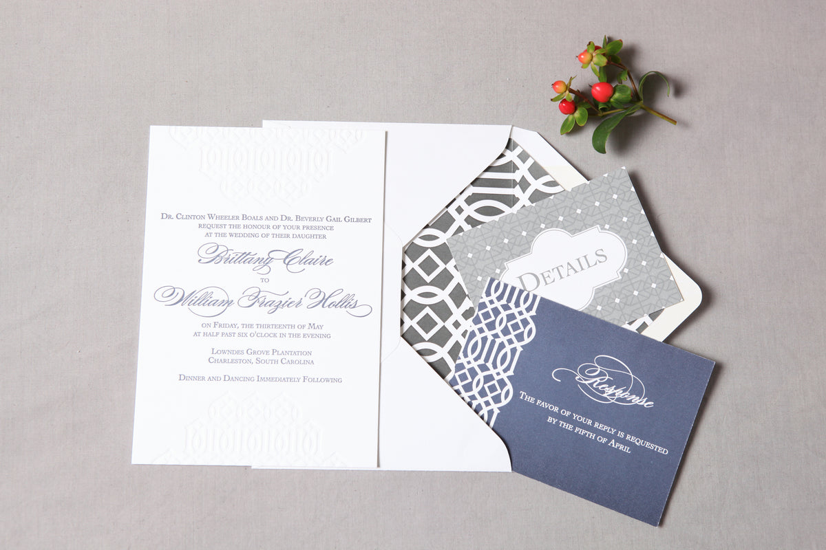 Trellis Letterpress Wedding Invitation with coordinating navy and grey inserts. Picture by Jennifer Bearden Photography.