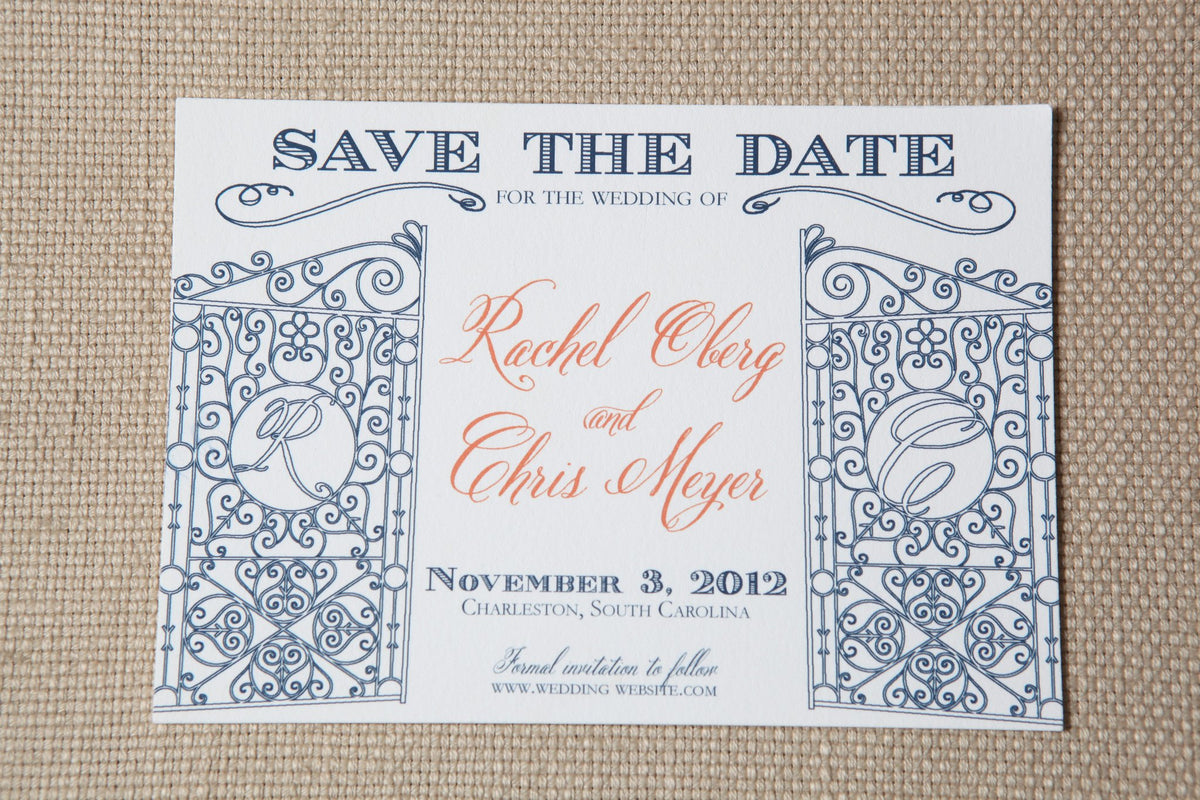 Legare Waring House iron gate Save the Date - photo by Jennifer Bearden Photography