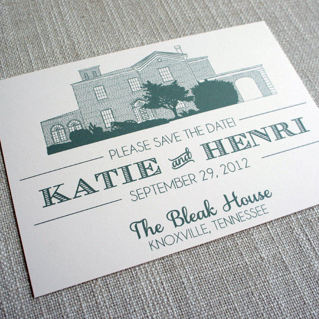 Save the Date featuring sketch of the Bleak House in Knoxville, Tennessee