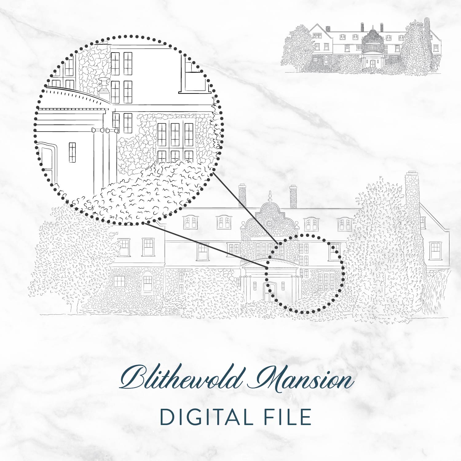 Blithewold Mansion Sketch Digital File by Scotti Cline Designs