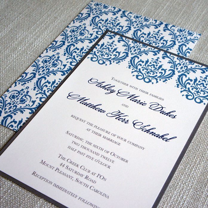 Blue and Gray Damask Wedding Invitation shown with backing.