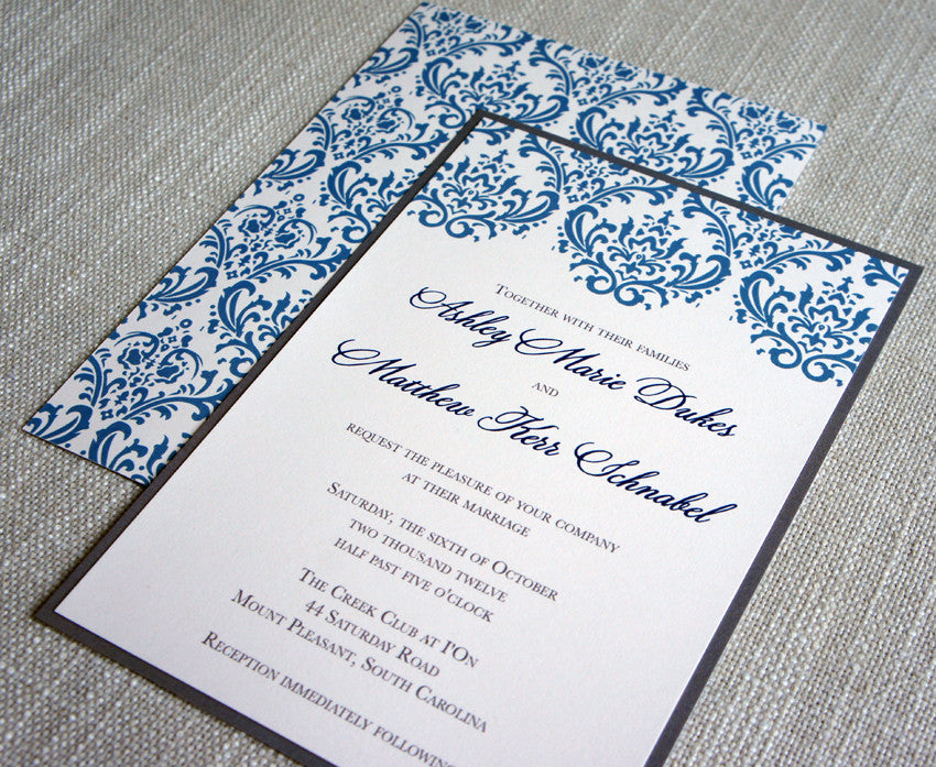 Blue and Gray Damask Wedding Invitation shown with backing.