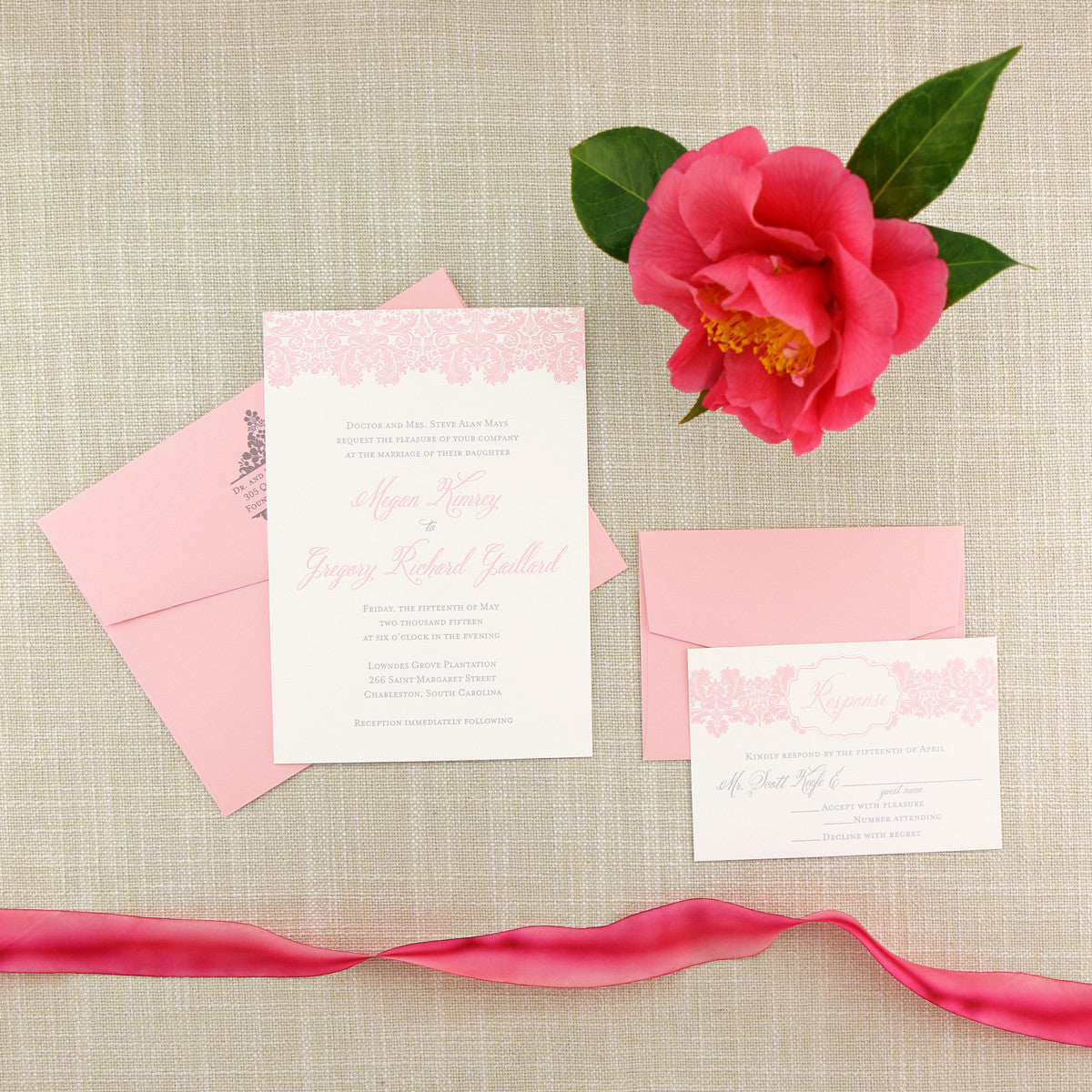 Blush Damask Letterpress Wedding Invitation