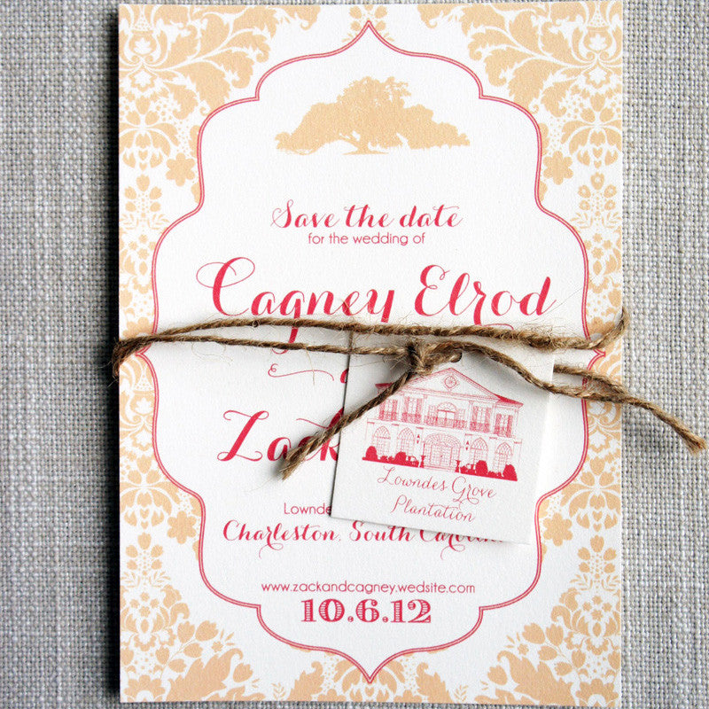 Oak Tree and Damask Save the Date featuring a sketch of Lowndes Grove Plantation tied on with jute twine.