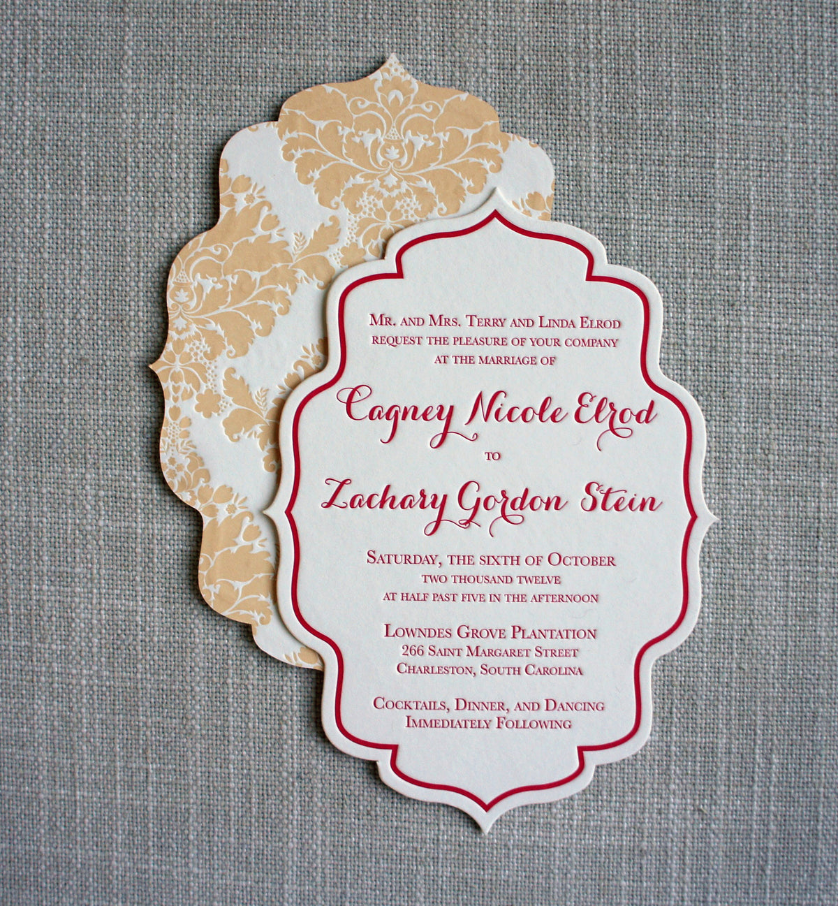 Die Cut Letterpress Wedding Invitation shown with reverse side of invitation