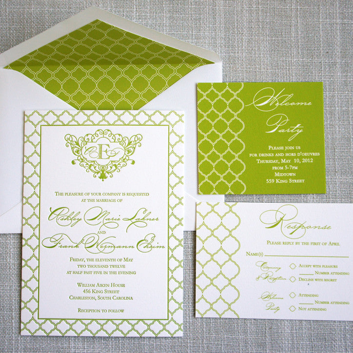 Green Pattern Letterpress Invitation featuring trellis design