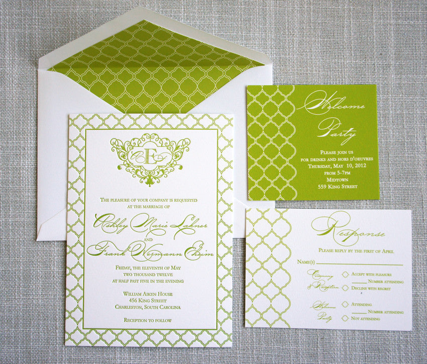 Green Pattern Letterpress Invitation featuring trellis design