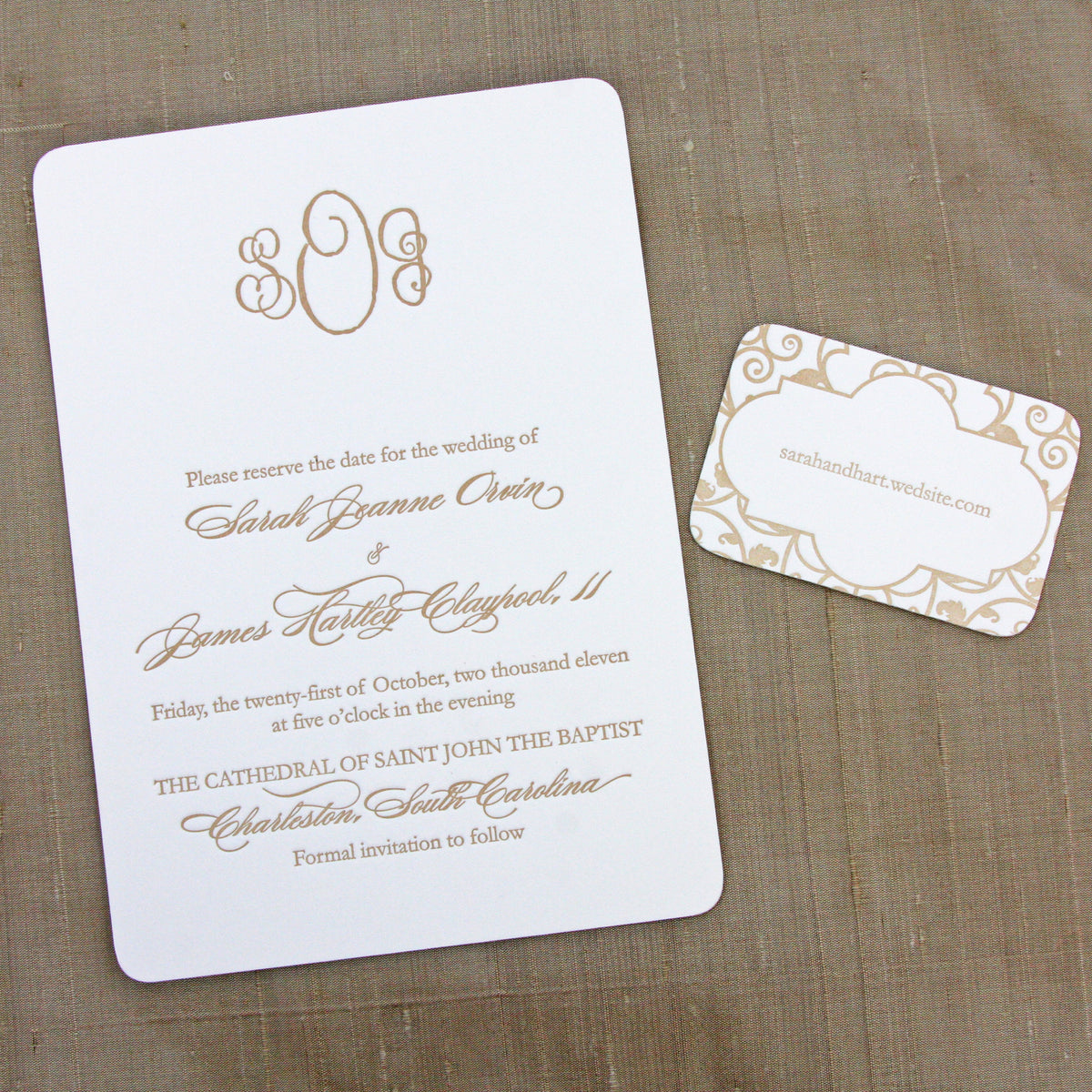 Classic Monogram Letterpress Save the Date with small details card featuring iron gate work of Charleston. 