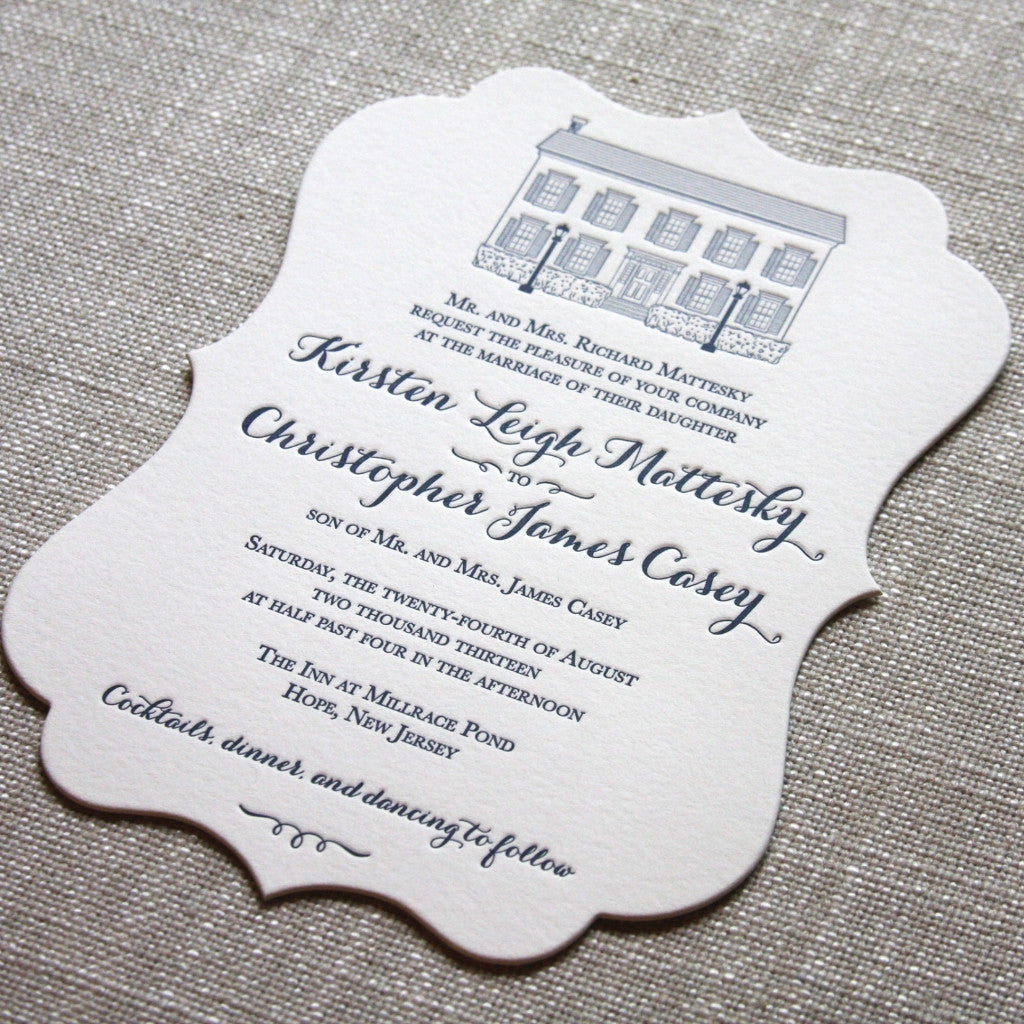 Inn at Millrace Pond Letterpress Wedding Invitation by Scotti Cline Designs