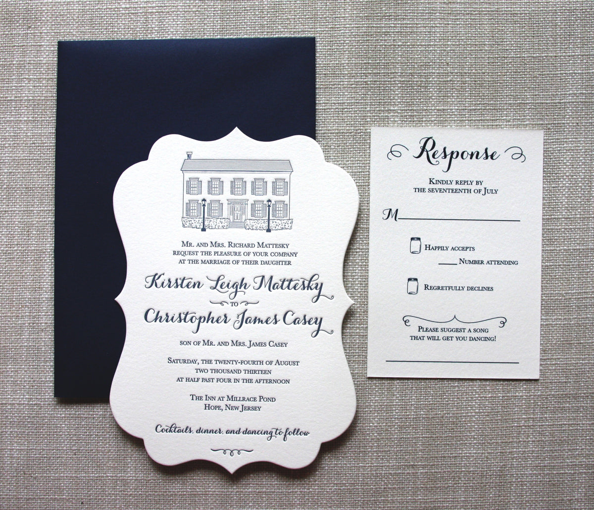 Inn at Millrace Pond Letterpress Wedding Invitation by Scotti Cline Designs