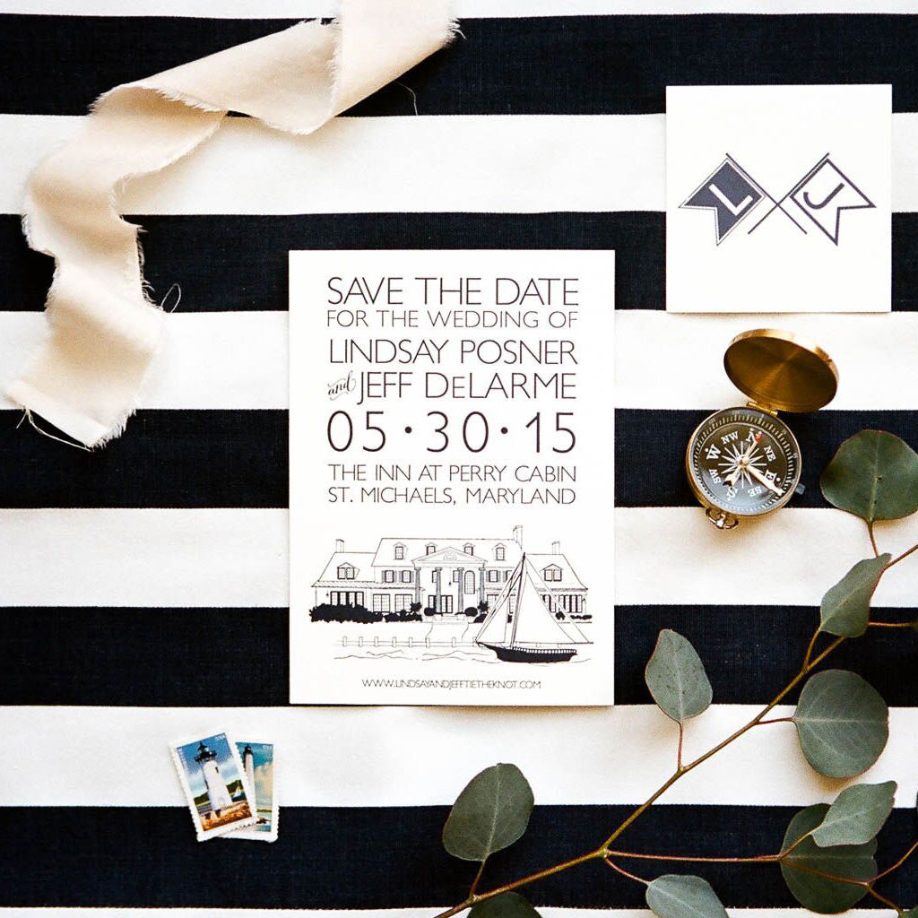 Letterpress Inn at Perry Cabin Save the Date by Scotti Cline Designs. Photo by Brian Tropiano Weddings