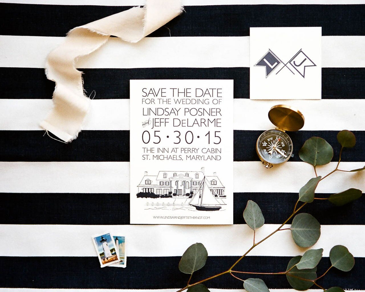 Letterpress Inn at Perry Cabin Save the Date by Scotti Cline Designs. Photo by Brian Tropiano Weddings