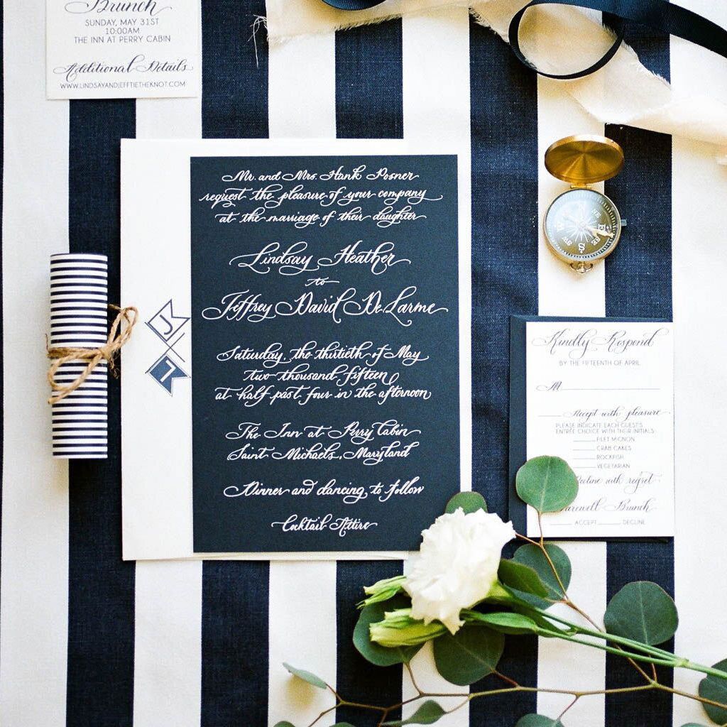 White Foil on Navy Calligraphy Wedding Invitation