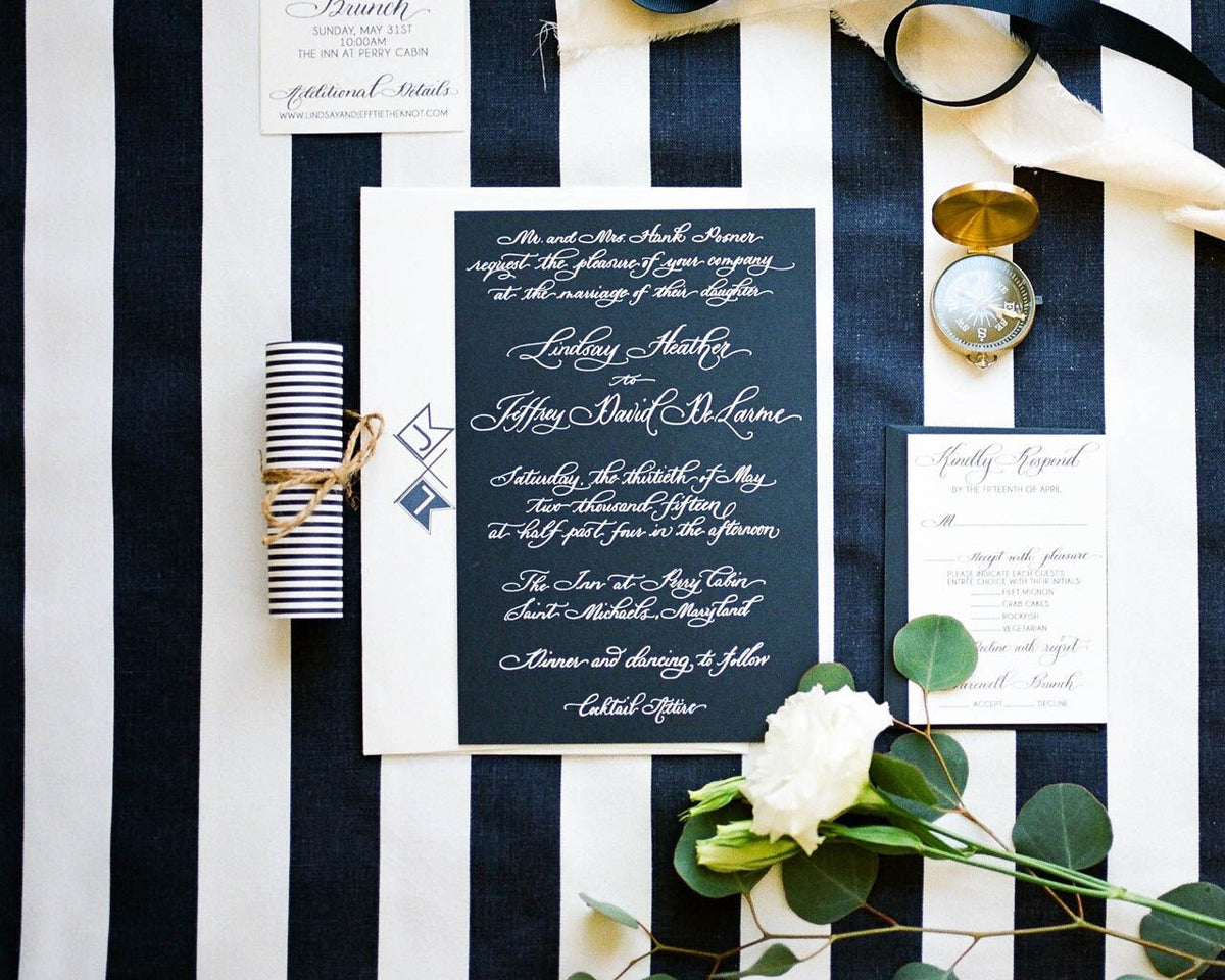 White Foil on Navy Calligraphy Wedding Invitation