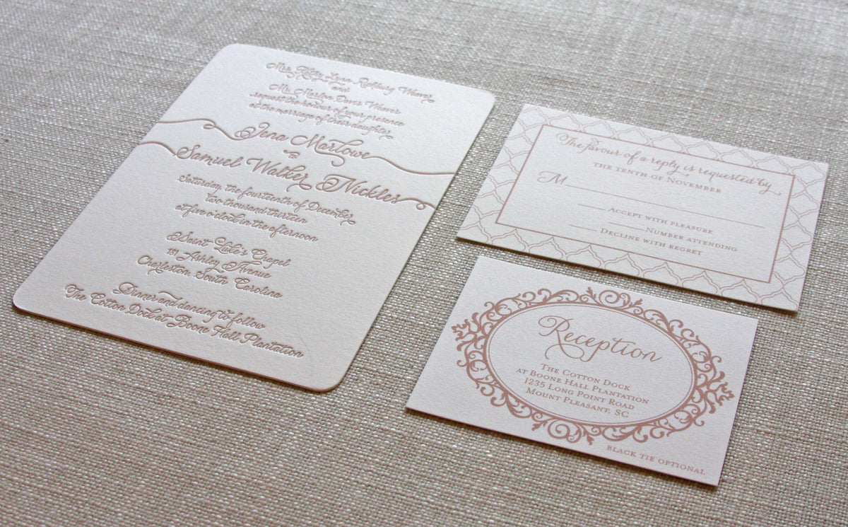 Wedding Invitation with taupe letterpress and names trailing names off the edges.