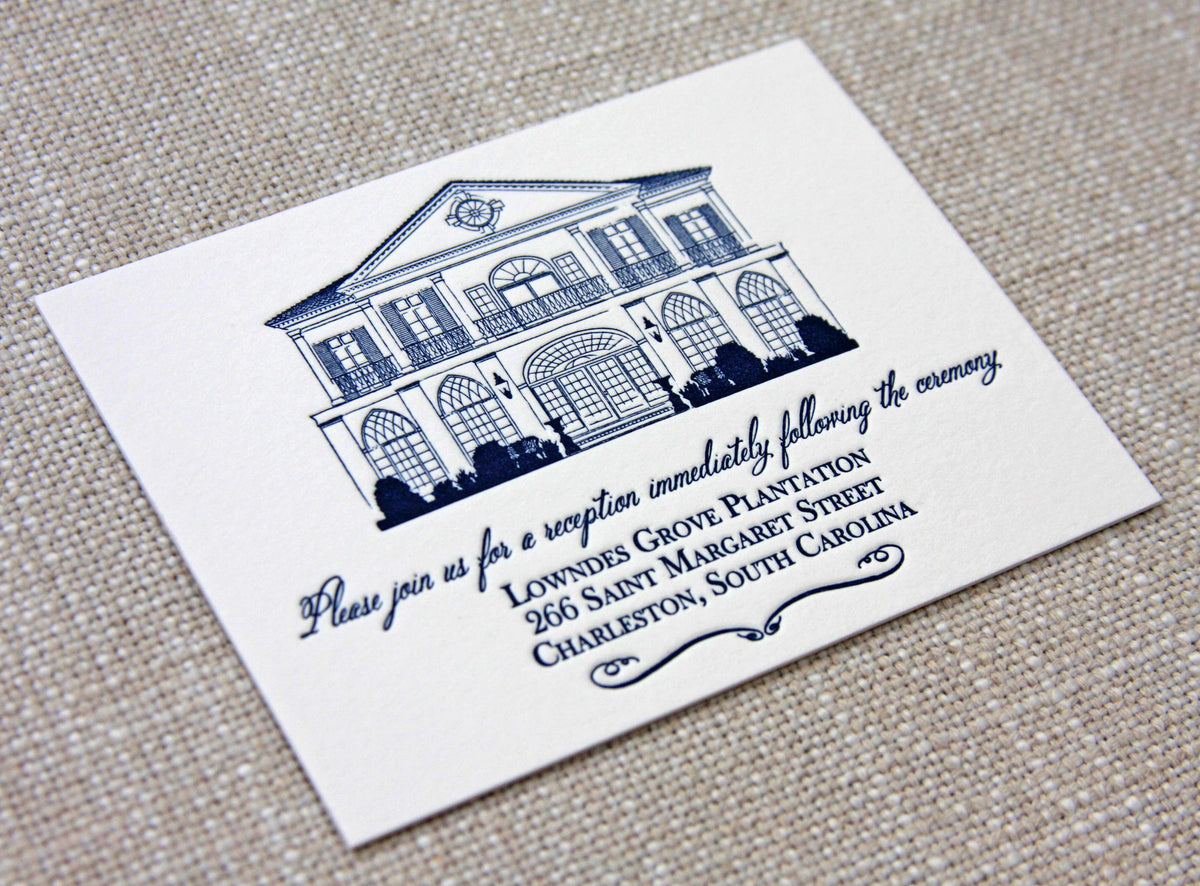 Detailed sketch of Lowndes Grove for a navy letterpress reception card.