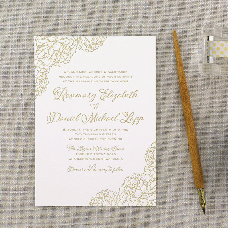 Letterpress Wedding Invitation featuring peony details in taupe