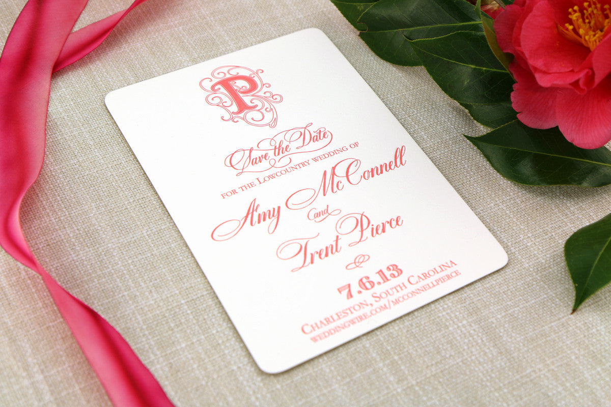 Coral Letterpress on Monogram Flourish Save the Date