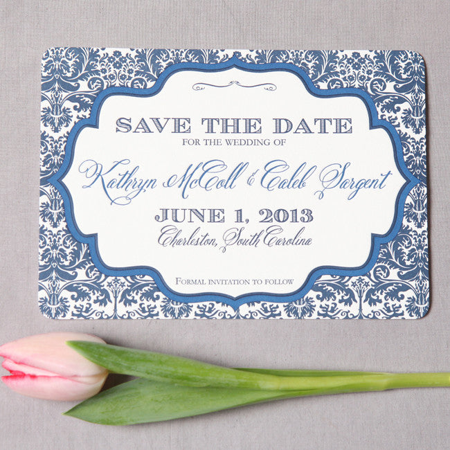 Navy Damask Letterpress Save the Date - picture by Jennifer Bearden Photography