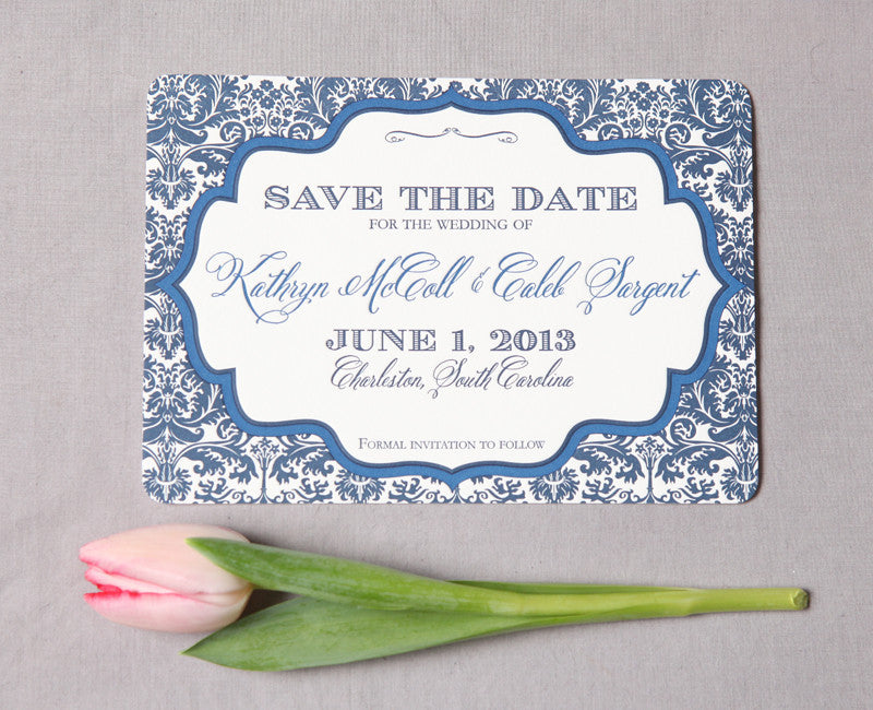 Navy Damask Letterpress Save the Date - picture by Jennifer Bearden Photography