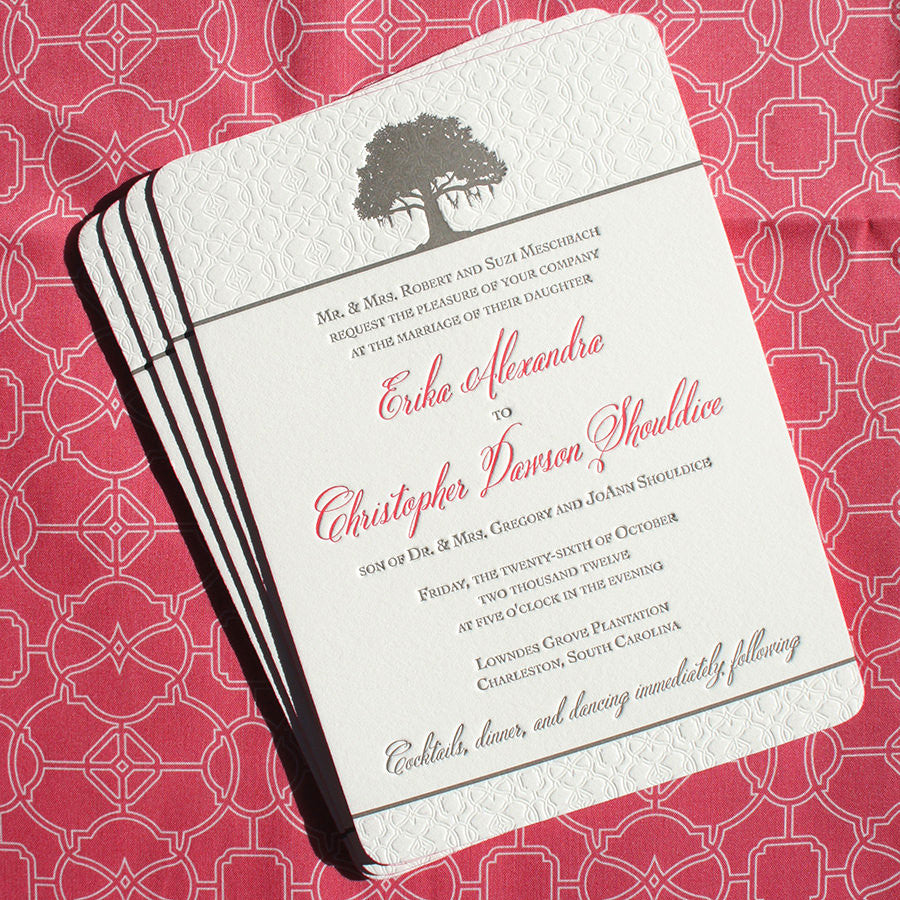 Trellis and Oak Tree Invitation with raspberry edge painting and coordinating custom printed fabric.