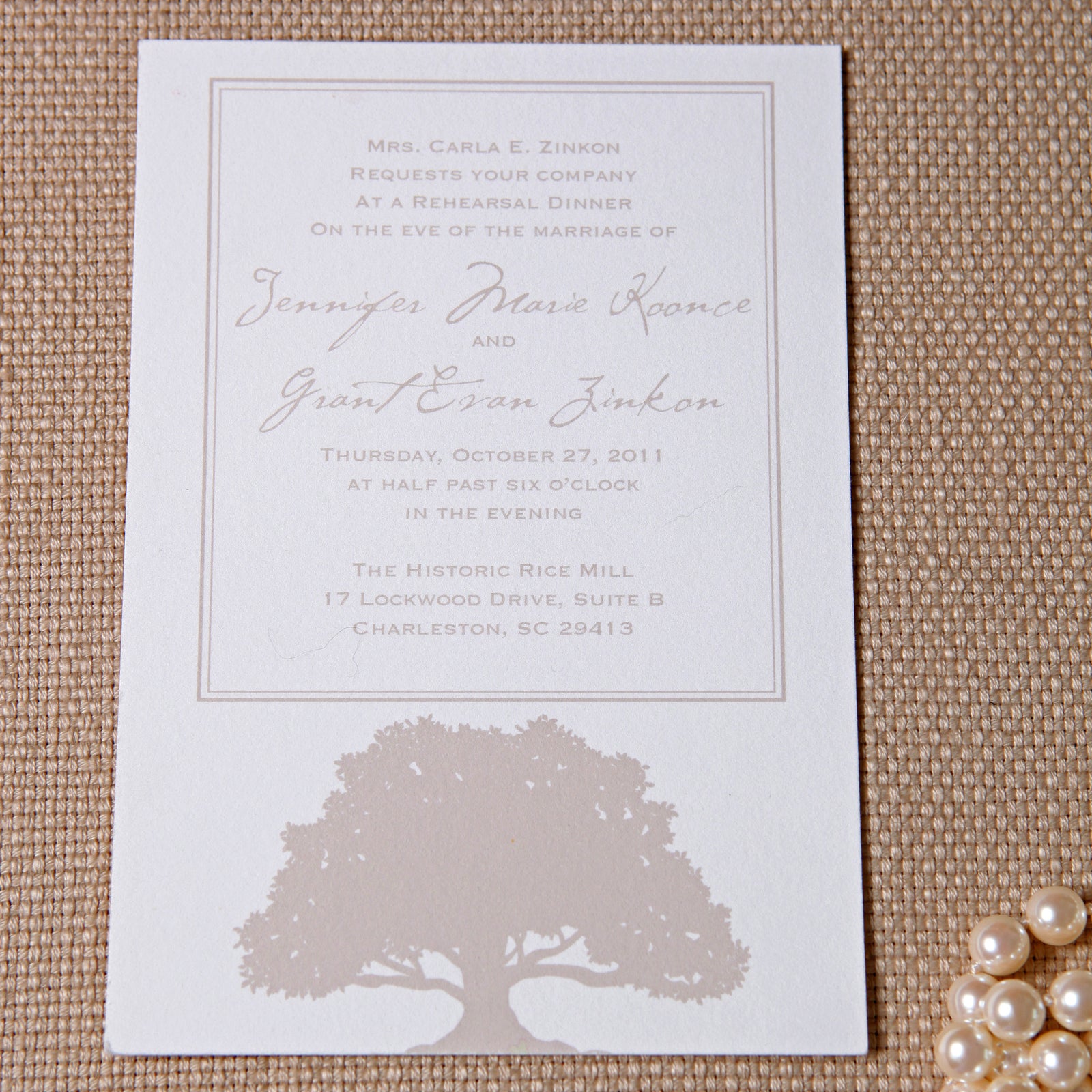 Oak Tree Rehearsal Dinner Invitation - picture by Jennifer Bearden Photography