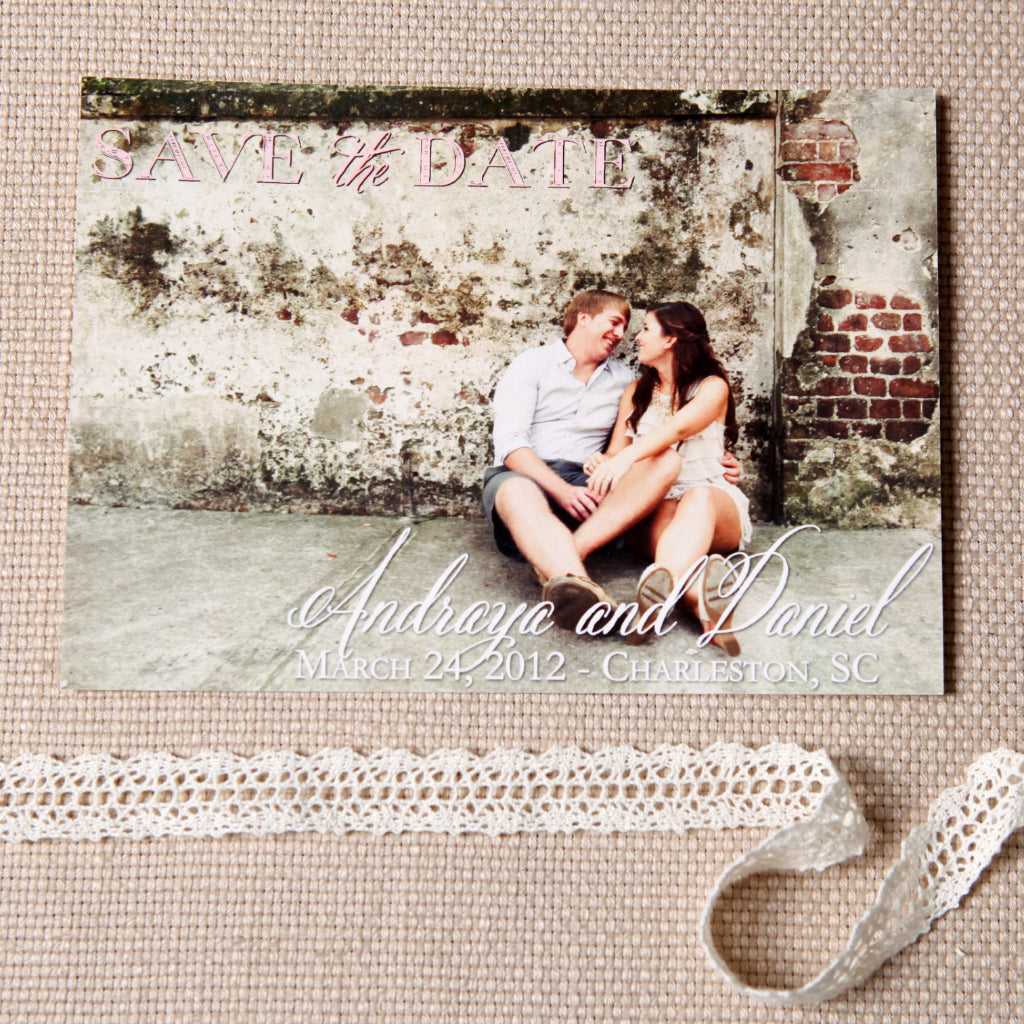 Charming Photo Save the Date. Engagement picture by Gayle Brooker Photography. Save the date picture by Jennifer Bearden Photography.