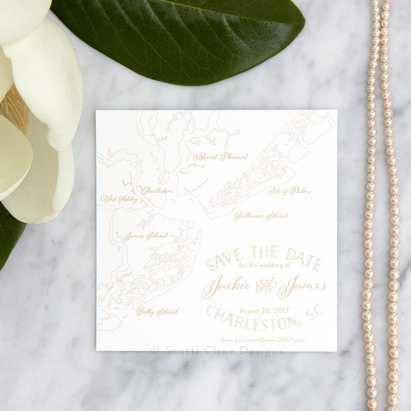 Charleston Outline Save the Date in matte gold by Scotti Cline Designs