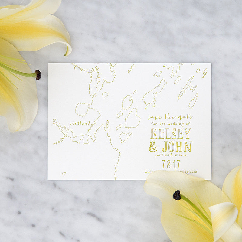 Letterpress Peaks Island Map Save the Date by Scotti Cline Designs