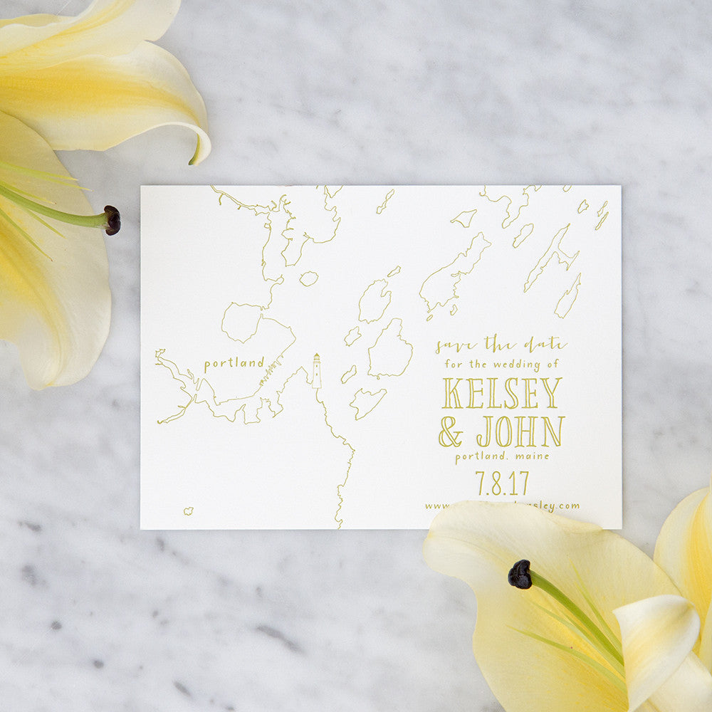 Letterpress Peaks Island Map Save the Date by Scotti Cline Designs