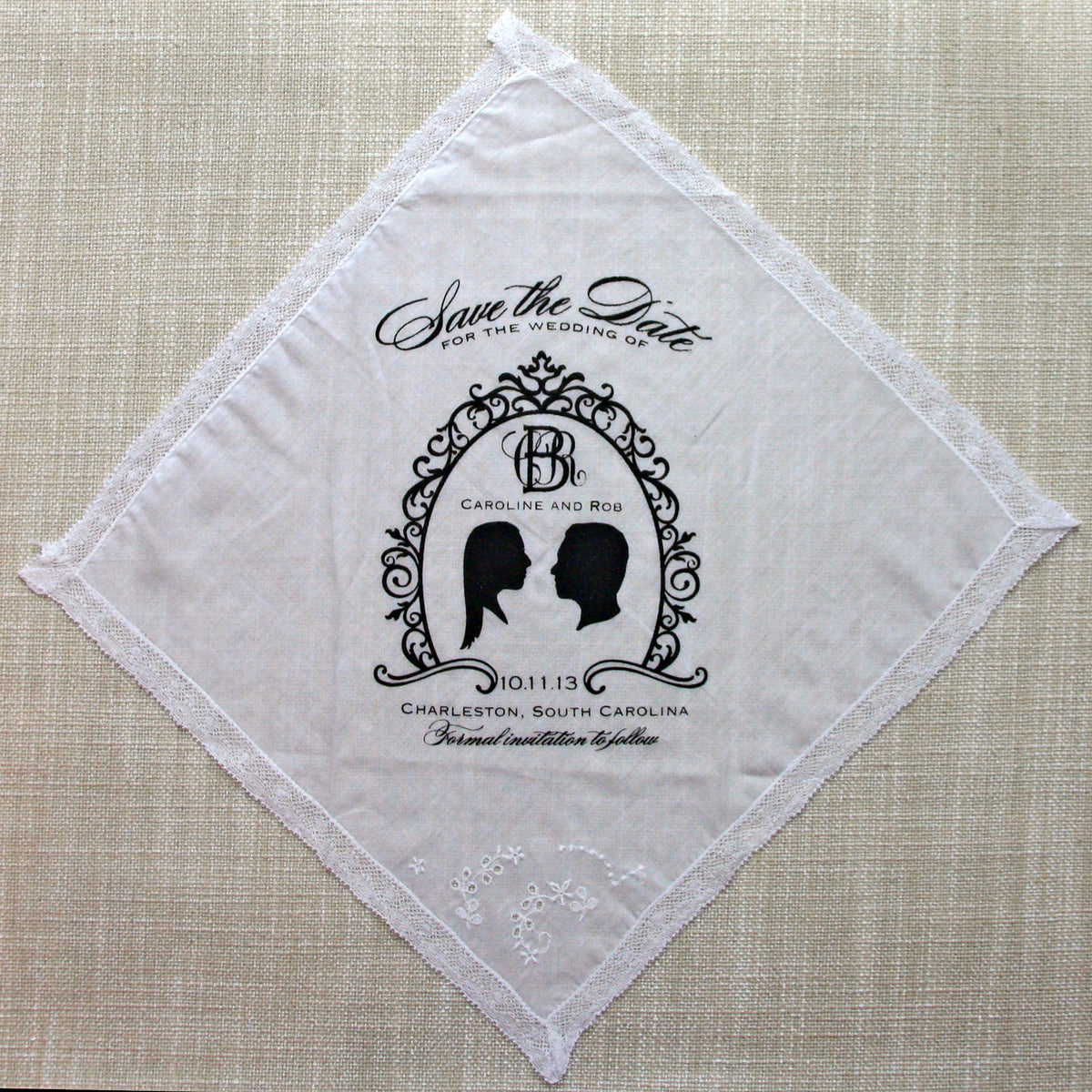 Vintage screen printed handkerchief save the date